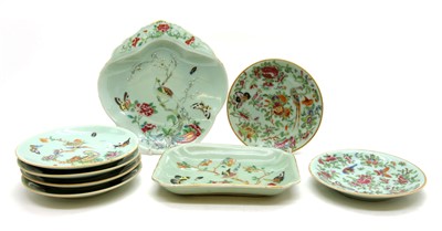 Lot 213 - Eleven Chinese green dishes plus one vase