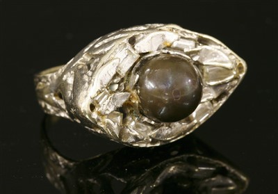 Lot 280 - A white gold cultured pearl and diamond marquise-shaped ring, c.1970