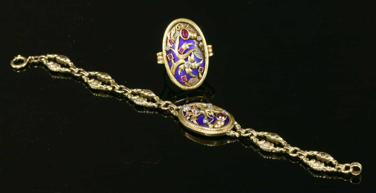 Lot 236 - A Continental two colour gold and platinum, synthetic ruby and diamond plaque ring and bracelet suite