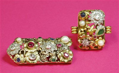 Lot 47 - A Continental gemstone, pearl and diamond brooch and ring suite, c.1940