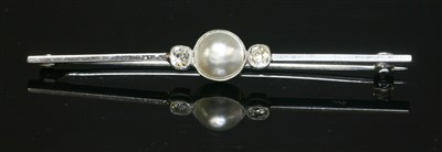 Lot 159 - A white gold cultured pearl and diamond bar brooch