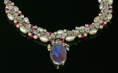 Lot 478 - A Continental white gold black opal triplet, diamond and cultured freshwater pearl necklace