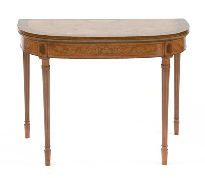 Lot 411 - A George III satinwood, rosewood crossbanded and harewood inlaid demilune card table