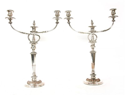 Lot 401 - A pair of Victorian silver plated twin branch candelabras
