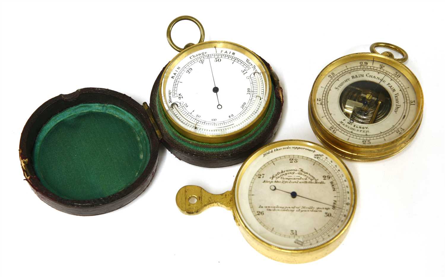 Lot 367 - Three brass-cased pocket barometers