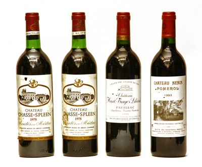 Lot 158 - Assorted: Ch Chasse-Spleen, 1978; Ch Haut-Bages Liberal, 1996,: Ch Nenin, 1993, total 4 bottles