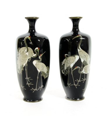 Lot 141 - A pair of Japanese cloisonne hexagonal baluster vases