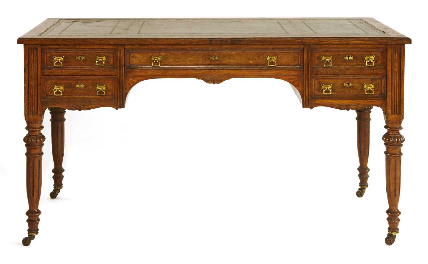 Lot 387 - A Victorian oak, pollard oak and satinwood crossbanded writing desk