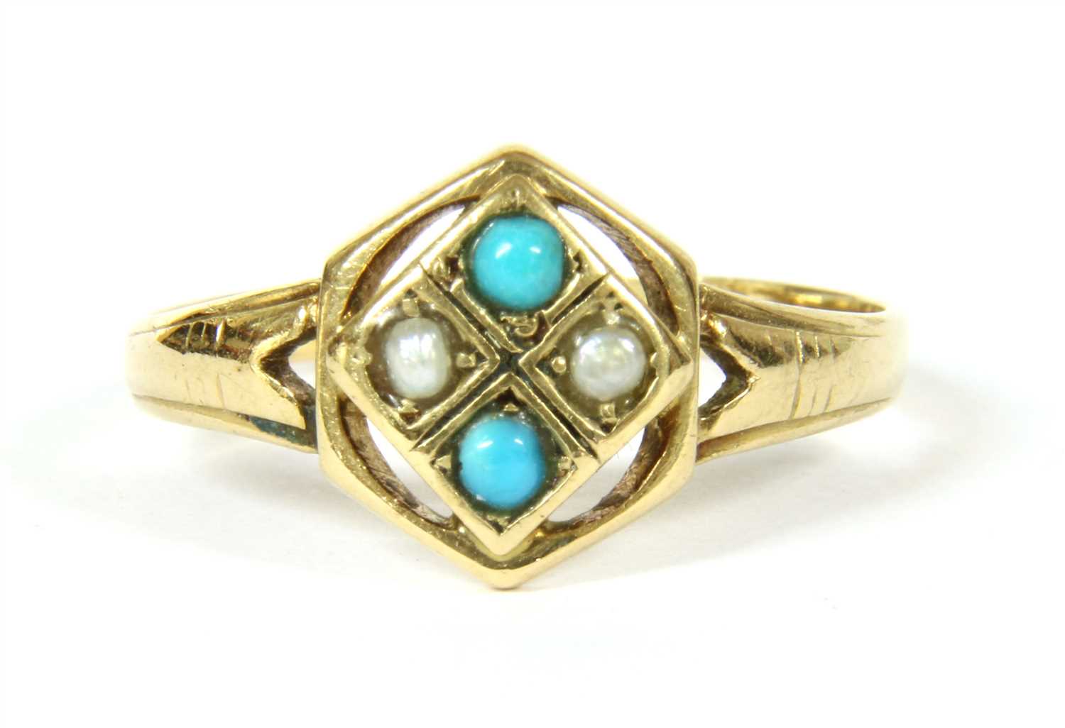 Lot 2 - A gold turquoise and split pearl quadrafoil cluster ring