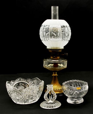 Lot 308 - A brass oil lamp with frosted glass shade