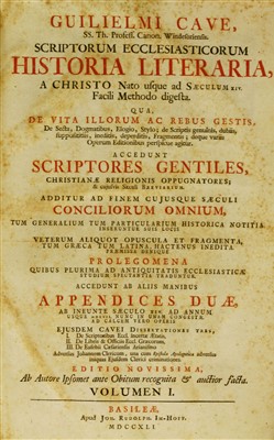 Lot 407 - THEOLOGY: 1- CAVE, Guilielmo [William Cave]: Scriptorum ecclesiasticorum historia literaria..