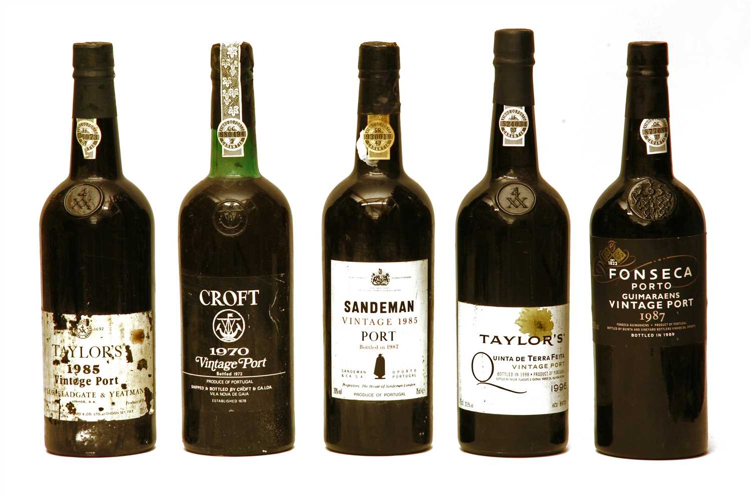 Lot 38 - Assorted port: Croft, 1970; Fonseca 1987, Taylor's, 1985 and 1996, Sandeman, 1985, 5 bottles total