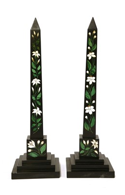 Lot 20 - A pair of slate, malachite and hardstone inlaid obelisks