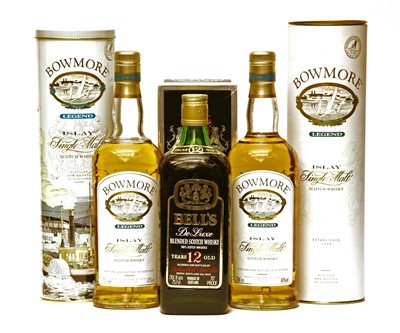 Lot 82 - Assorted Whisky: Bowmore Legend Islay, two bottles; Bell's De Luxe Blended , one bottle