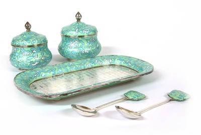 Lot 92 - A Korean enamel and silver table set