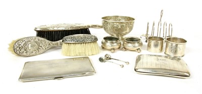 Lot 57 - A collection of silver items to include a pair of silver salts by Levesley Brothers
