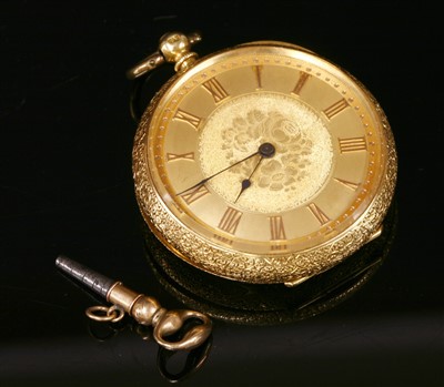 Lot 578 - A Swiss 18ct gold key wound open faced fob watch