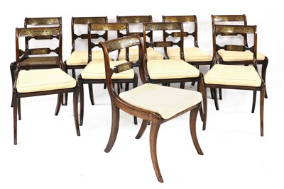 Lot 700 - A set of ten Regency brass inlaid rosewood dining chairs