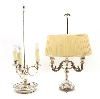 Lot 208 - A pair of silver plated bouillotte table lamps