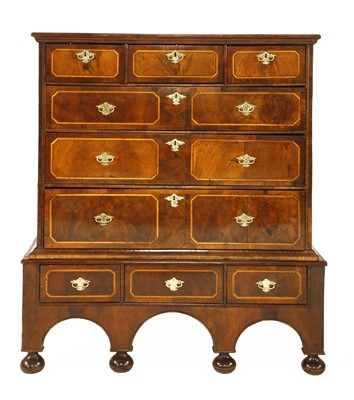 Lot 841 - A William and Mary yew, walnut and satinwood inlaid chest on stand