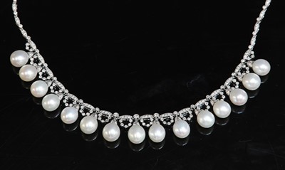 Lot 383 - A white gold diamond and cultured freshwater pearl fringe necklace