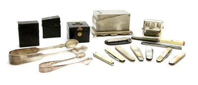 Lot 279 - Penknives, silver sugar tongs