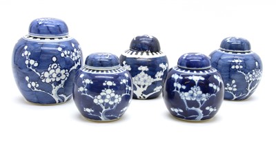 Lot 263 - Five Chinese blue and white prunus ginger jars and lids