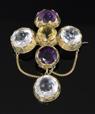 Lot 42 - A Victorian gold citrine, amethyst and rock crystal cruciform and swag brooch/pendant