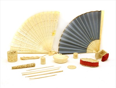 Lot 237A - A small collection of Chinese and European carved ivory sewing accoutrements
