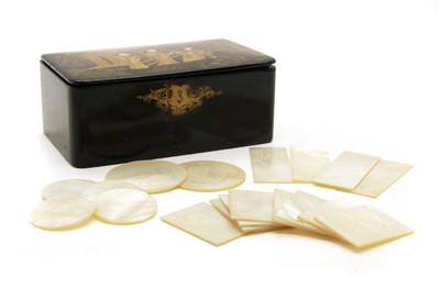 Lot 293 - Approx. 139 mother of pearl gaming counters in lacquer box