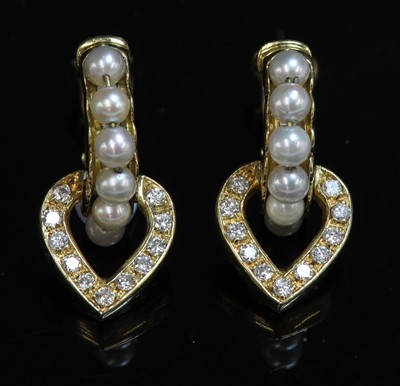 Lot 285 - A pair of Italian gold cultured pearl and diamond earrings