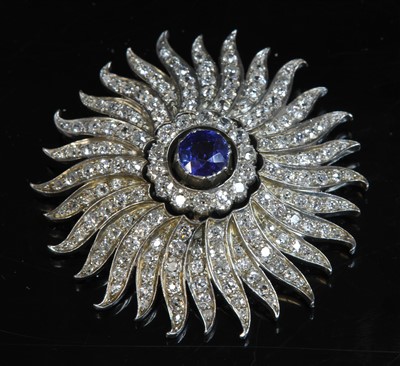Lot 69 - A late Victorian sapphire and diamond sunburst brooch/pendant, c.1890
