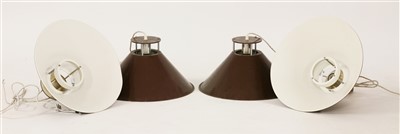 Lot 382 - A set of four Danish brown enamelled hanging light pendants