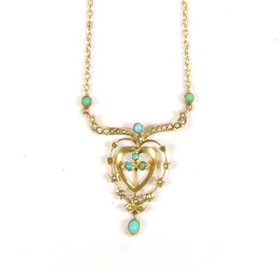 Lot 46 - An Edwardian gold cabochon turquoise and seed pearl necklace