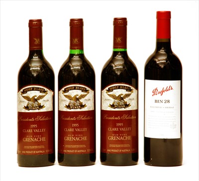 Lot 129 - Wolf Bass, Old Vine Grenache, 1995, 3 bottles and Penfolds, Bin 28, Kalimna Shiraz, 2008, 1 bottle