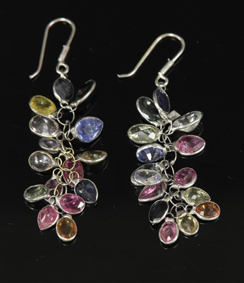 Lot 479 - A pair of white gold varicoloured sapphire drop earrings