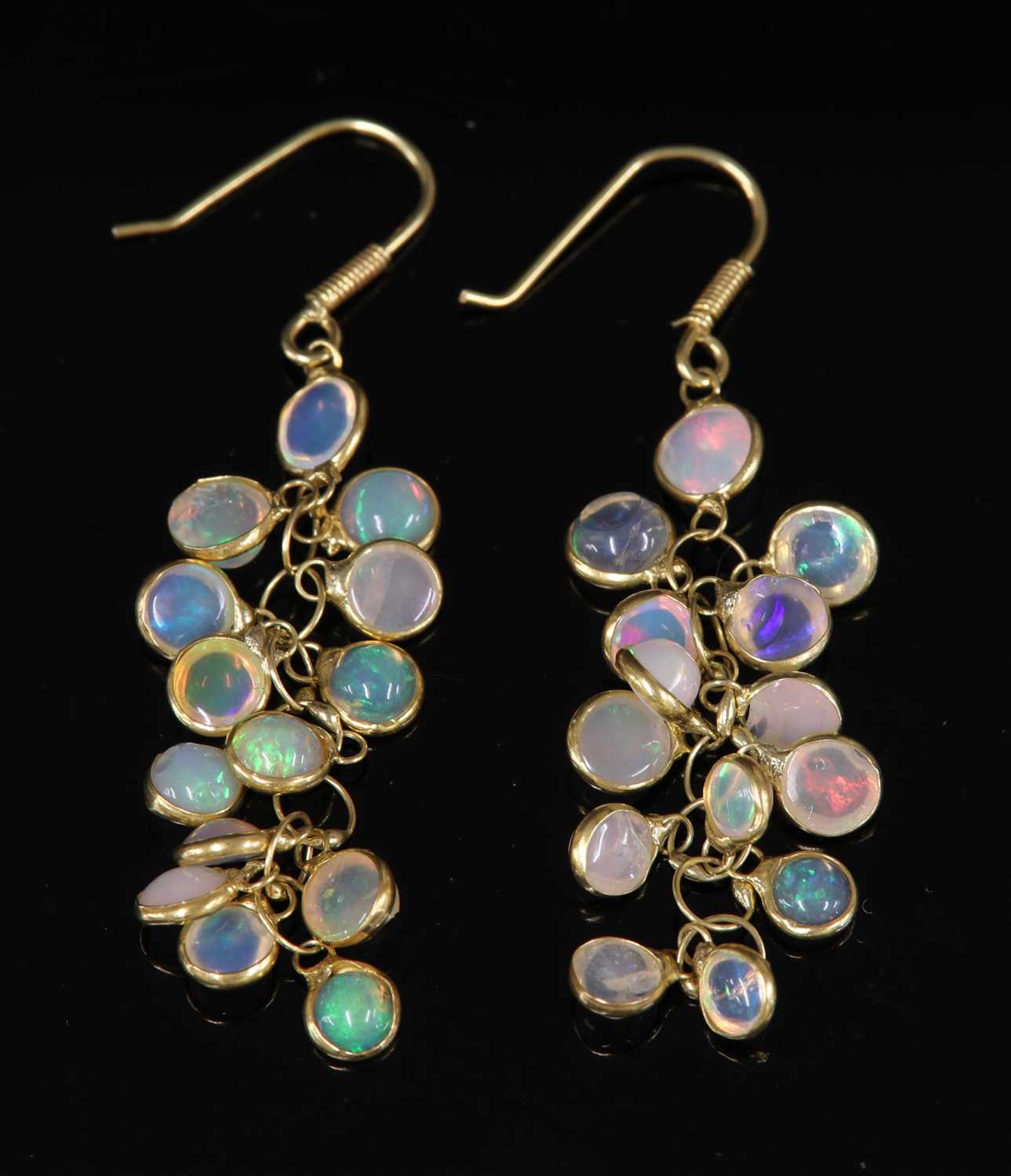 Lot 357 - A pair of gold opal drop earrings