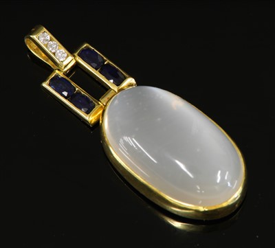 Lot 299 - A gold moonstone, sapphire and diamond pendant