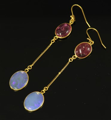 Lot 356 - A pair of gold tourmaline and opal drop earrings