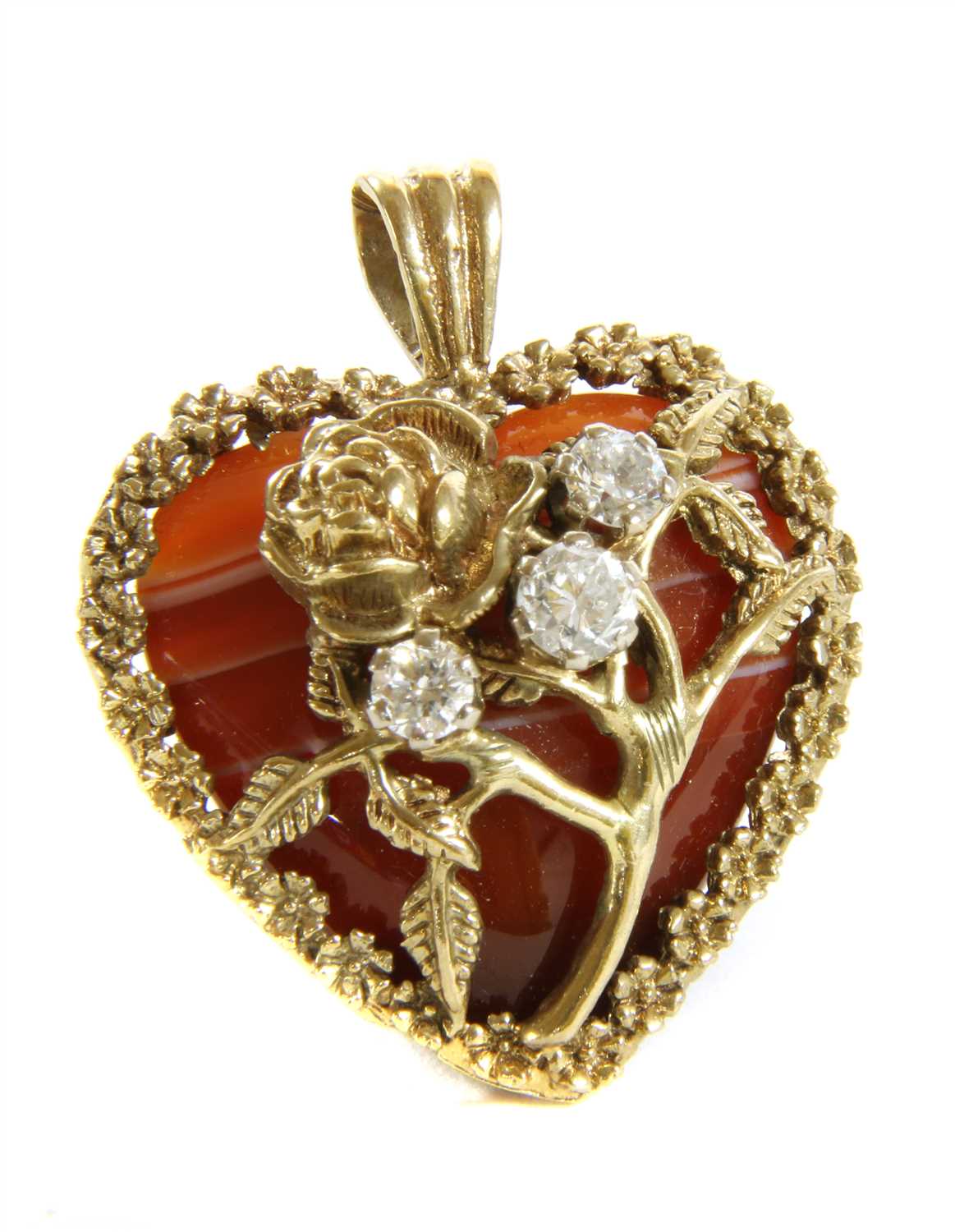 Lot 268 - A 9ct gold diamond and banded agate heart pendant