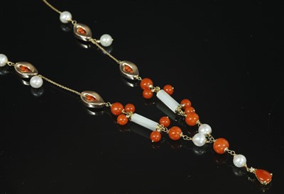 Lot 107 - An Italian rose gold coral, diamond, cultured freshwater pearl and mother-of-pearl 'Y' necklace