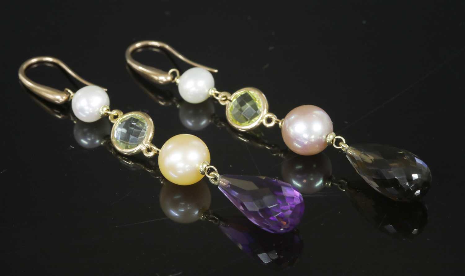 Lot 294 - A pair of Italian asymmetric gold quartz and cultured freshwater pearl drop earrings