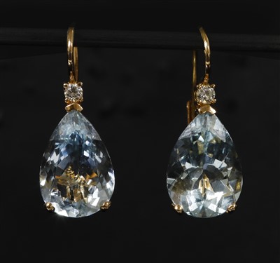 Lot 427 - A pair of Italian gold aquamarine and diamond drop earrings