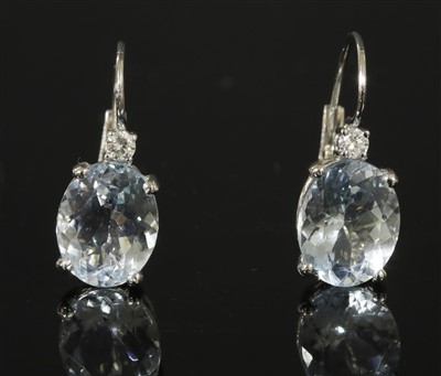 Lot 448 - A pair of Italian white gold aquamarine and diamond drop earrings