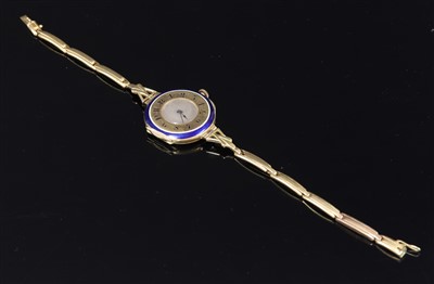 Lot 113 - An 18ct gold enamel mechanical bracelet watch