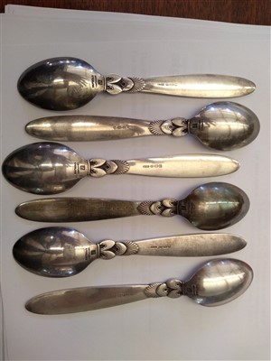 Lot 149 - Set of six Georg Jensen 'acorn' spoons