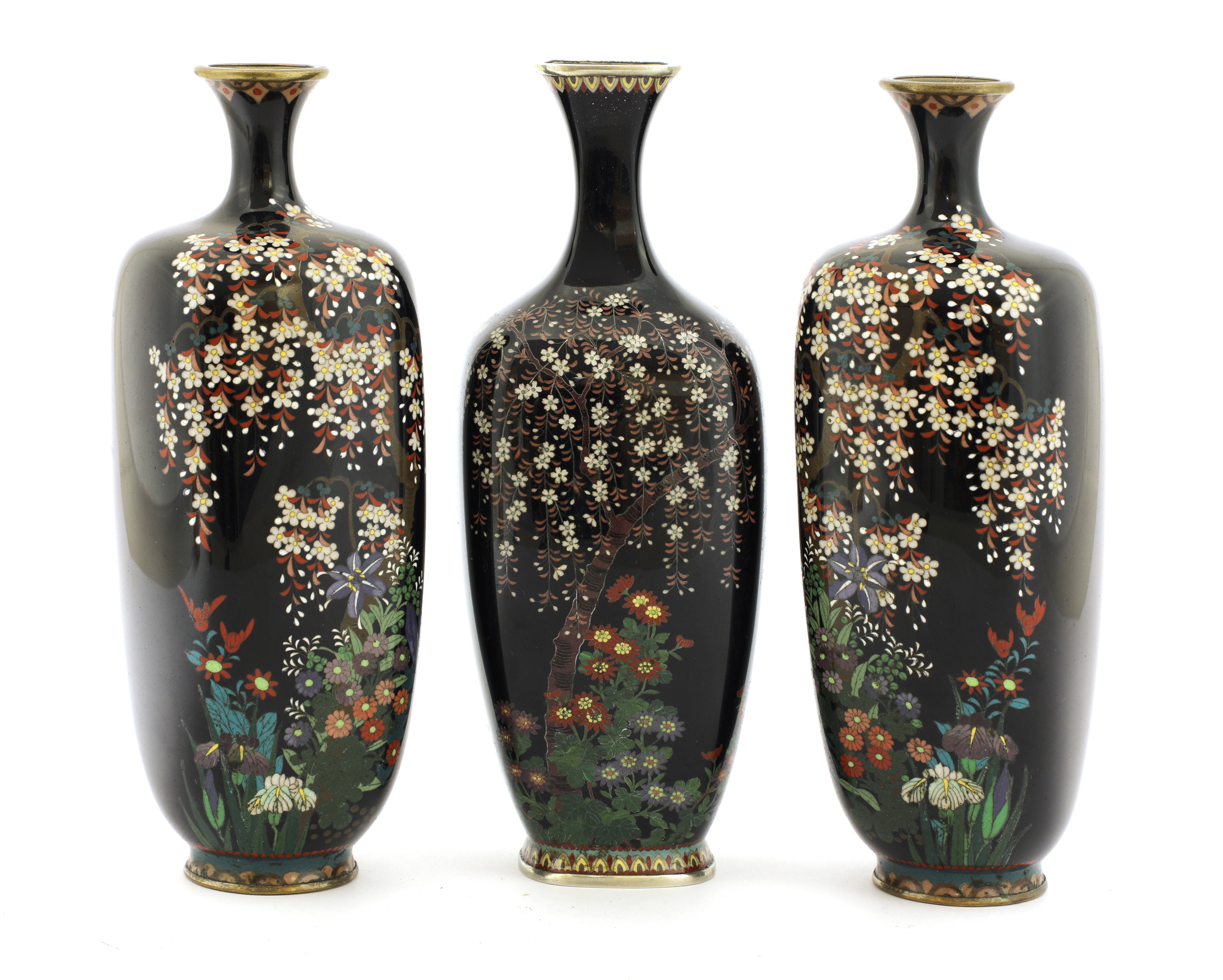 Lot 211 A pair of Japanese cloisonné vases,