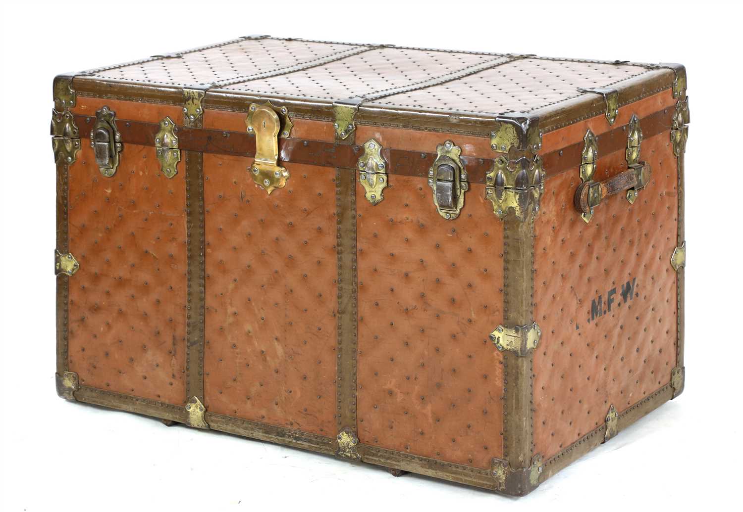 Lot 903 - A large leather and studded travelling trunk