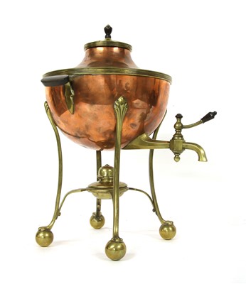 Lot 547 - A copper and brass tea urn in the manner of WAS Benson