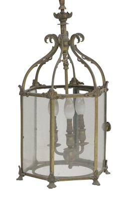 Lot 822 - A lacquered brass hexagonal hall lantern